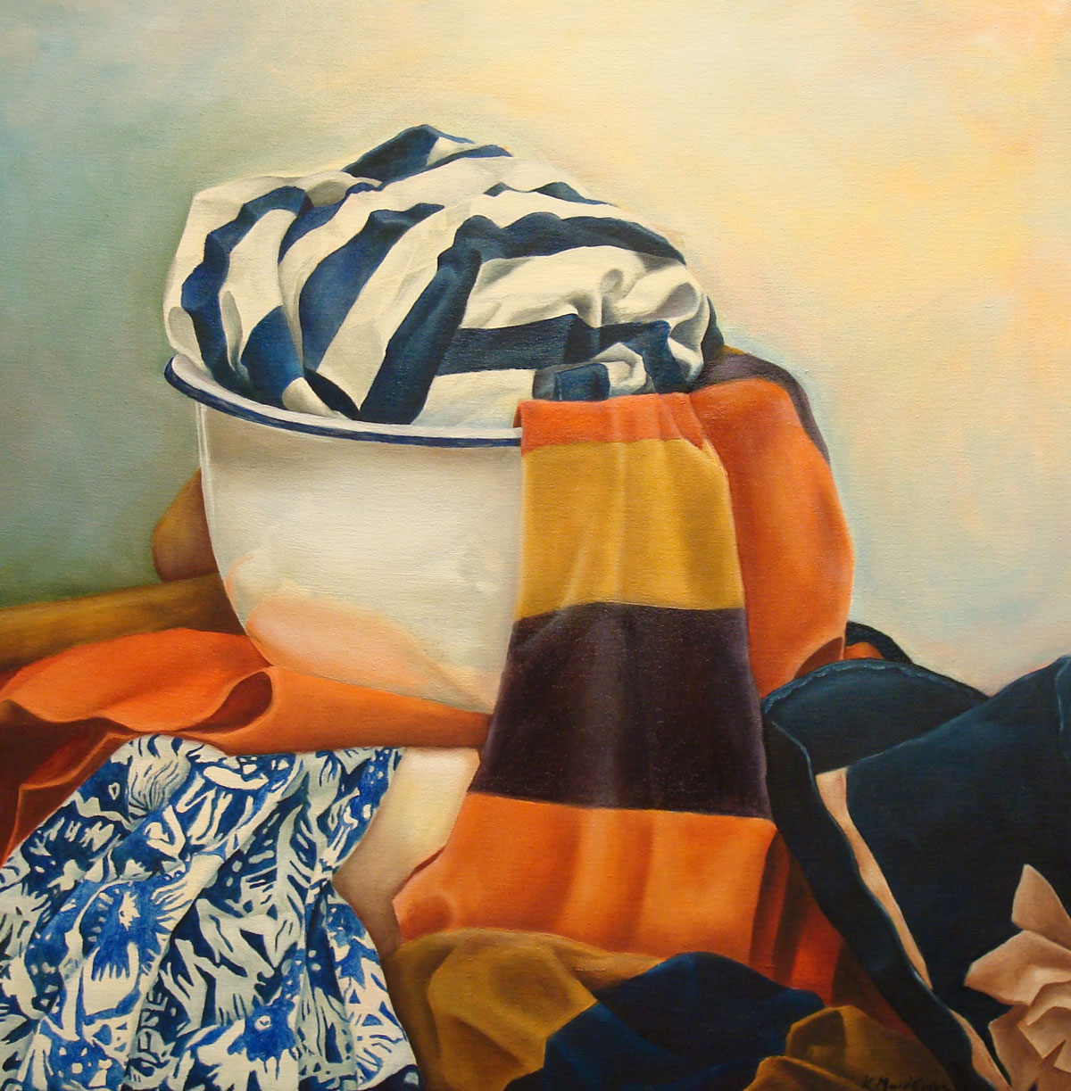 Still life with bowl, fabric, and hat.